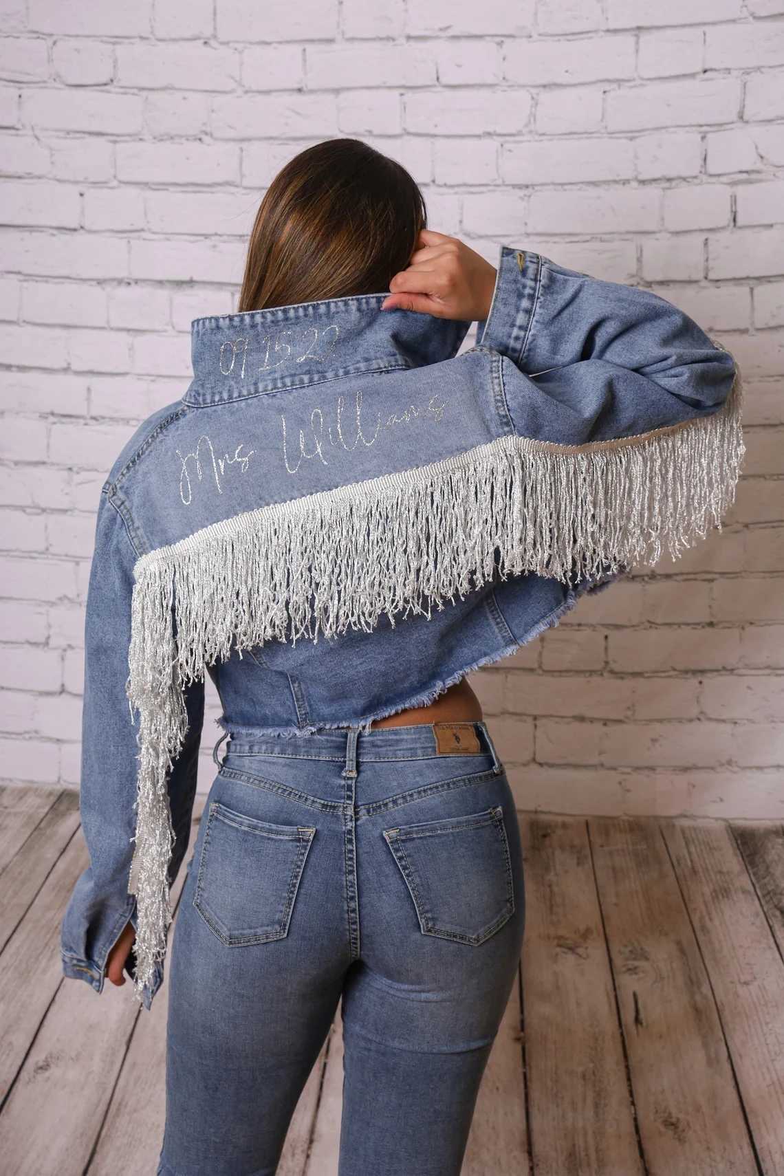 Denim Fringe Crop Jacket Bride Jean Mrs Personalized Wedding Bridal Engagement Gift Custom Bridal Party Jackets With TasselsX240920