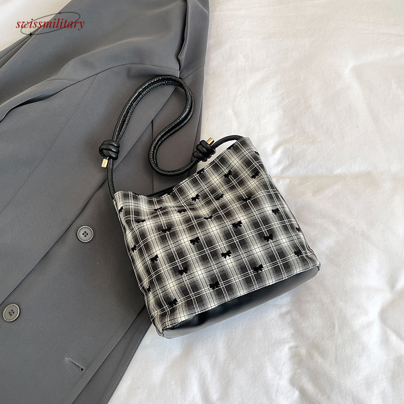 Small niche design checkered contrasting color women's 2024 new simple and fashionable western-style bow versatile single shoulder bucket bag #12