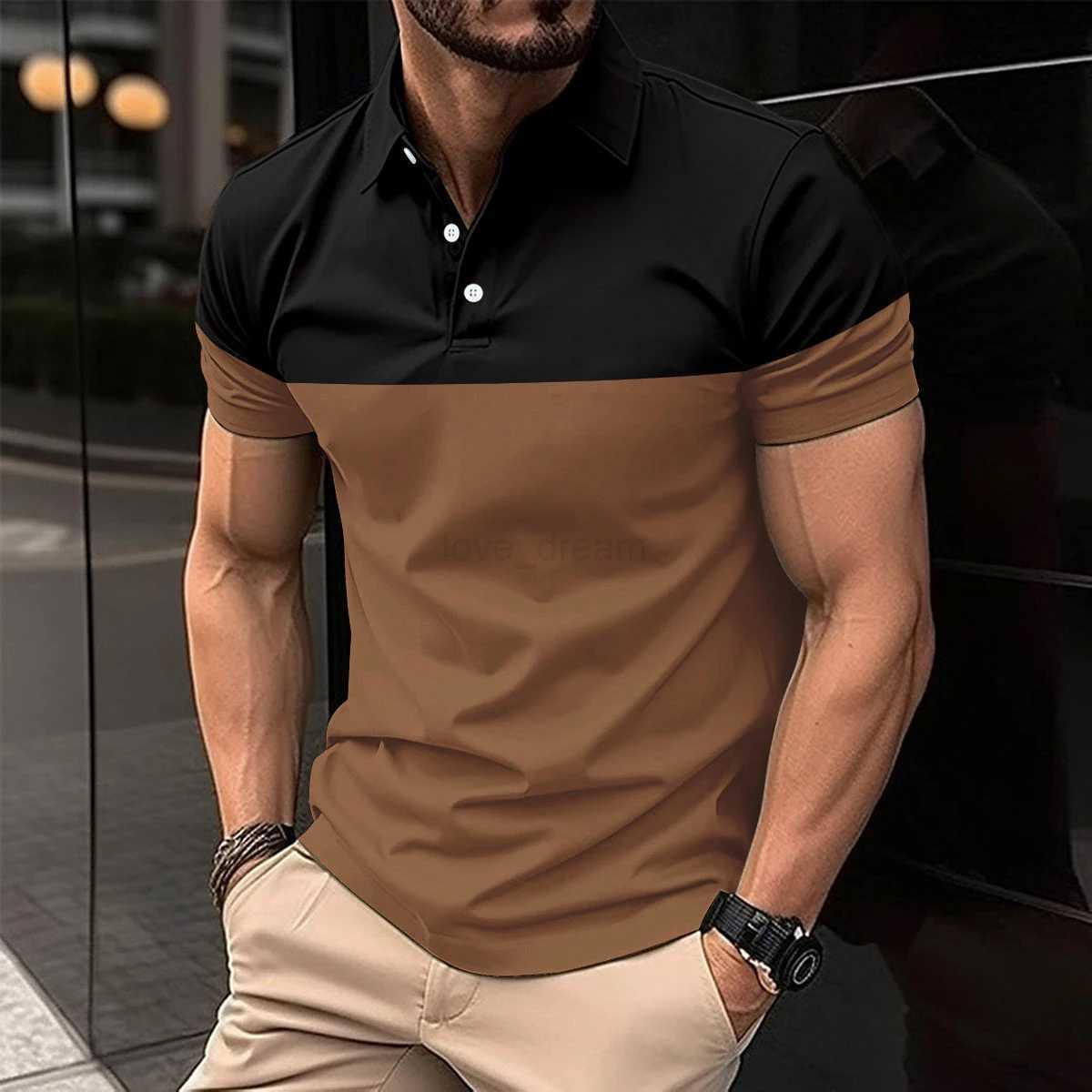 Mens casual short-sleeved polo shirt Fashion lapel button down shirt mens breathable T-shirt double color topXJ240920