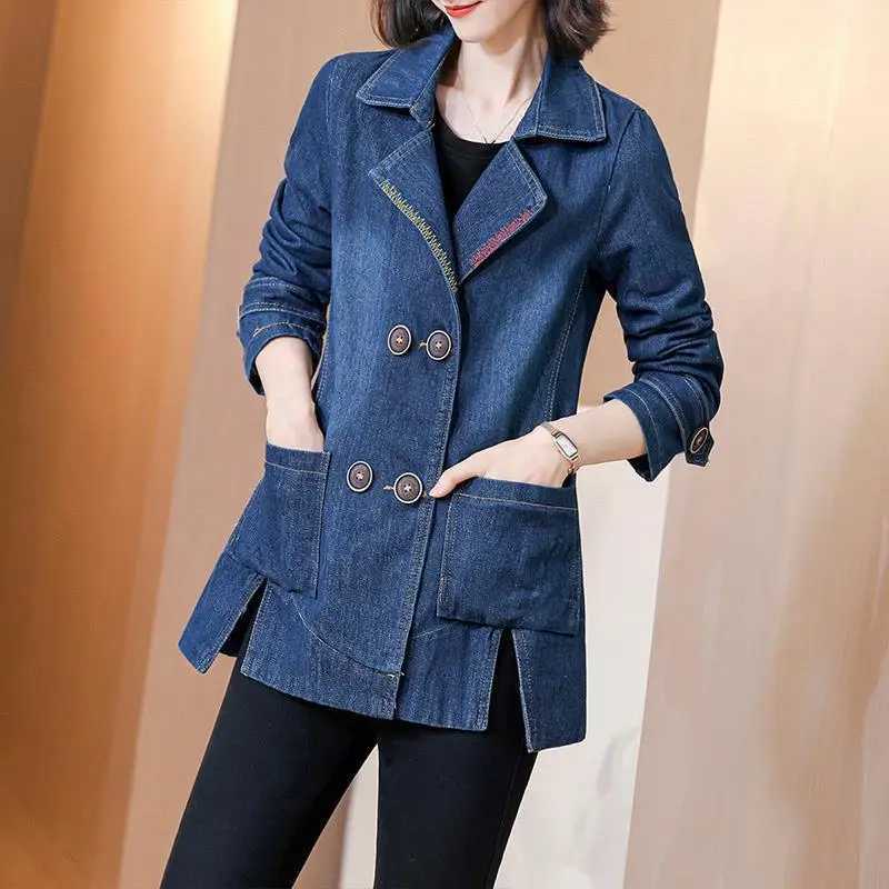 Denim Jacket Coat Women Double Breasted Full Sleeves Vintage Windbreaker Female Long Jean Jacket Outerwear Tops NewSpring AutumnX240920