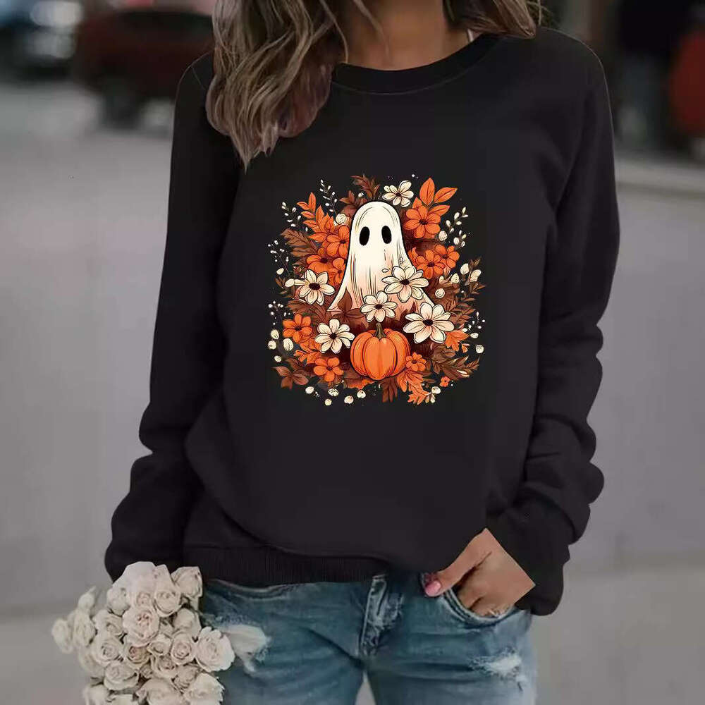 Hallowmas Autumn Winter Womens Casual Long Sleeved Round Neck Ghost and Floral Print Pullover Sweatshirt Womens Jacket Coats Designer Women Autumn Dre