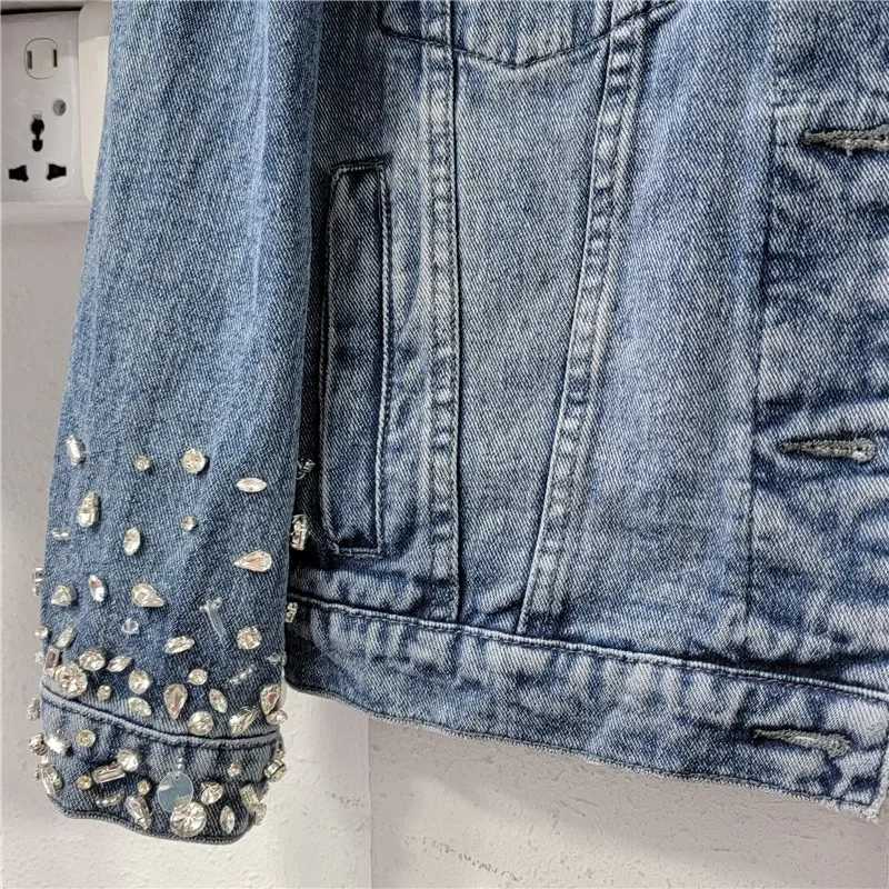 Retro Crystal Denim Coat Diamonds Beaded Jeans Bomber Jacket Cardigan Gemstones Cowboy Rhinestones Streetwear Tops ChaquetasX240920