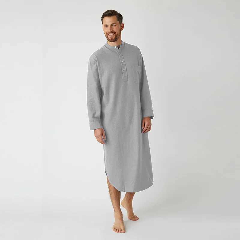 Mens Retro Stand Collar Muslim Nightgown Home Wear Long Sleeve Pocket Button-down Solid Color Sleep Robes Leisure 2024 New Y240919
