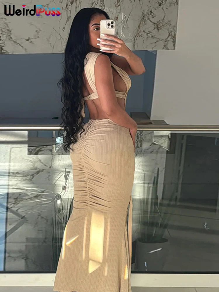 Weird Puss Cirque Cross Hollow Dress Women Sexy Chic Y2K Trend Backless Sleeveless Elegant Birthday Party Stretch Maxi Bodycon 240920