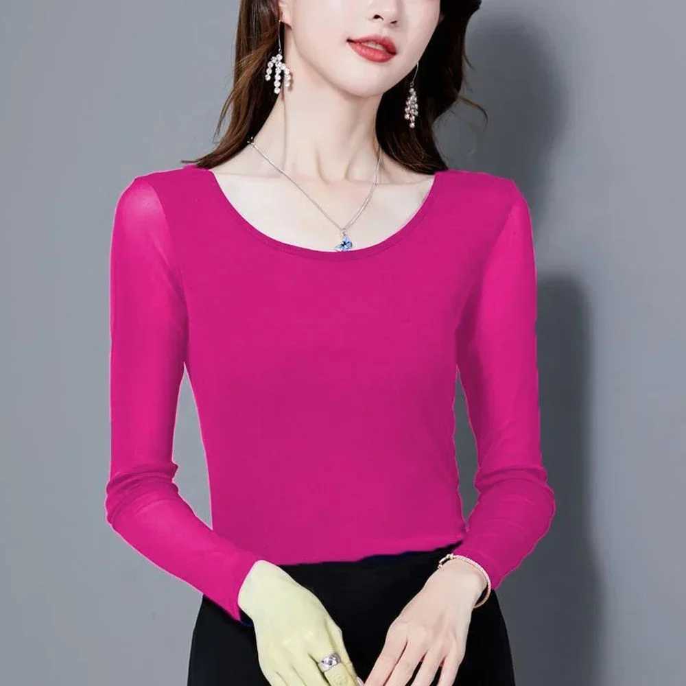 Women Sheer Mesh Full Sleeve O Neck T Shirt Red Blue Purple Female Blouses Lace T-shirt Clothes S-4XL Long Sleeve Sexy Y2K Top M240920