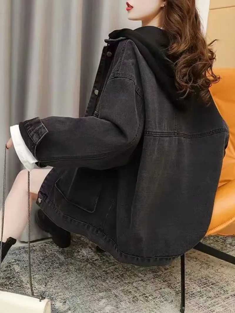 Streetwear Black Denim Jackets Women Korean Fashion Patchwork Hooded Spring Jacket Casual Chaquetas Veste Jeans FemmeX240920