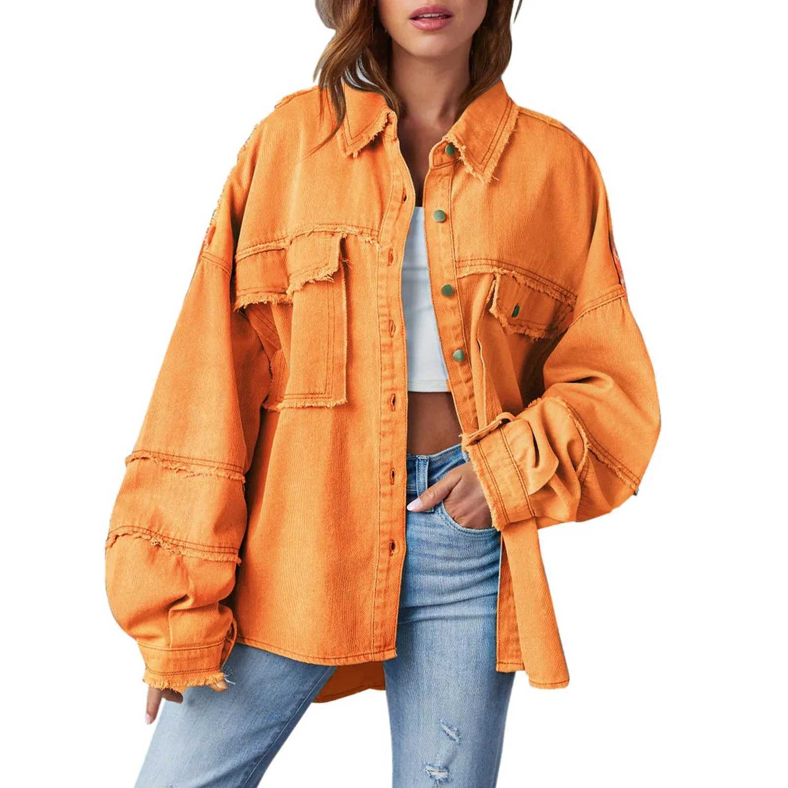 Patchwork Distressed Denim Jean Jacket WomenS Oversized Button Up Hem Shacket Long Sleeve Pockets Coats Loose Shirt CoatX240920