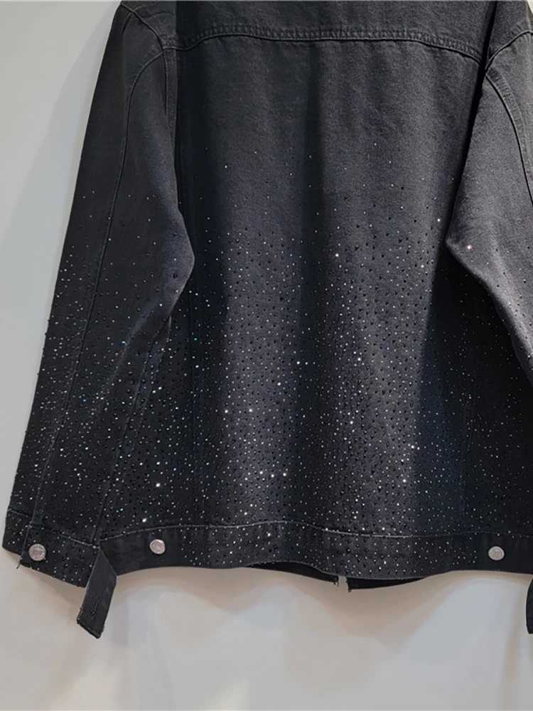 DEAT Women Denim Coat Turn-down Collar Full Diamonds Hot Rhinestone Black Loose Single Breasted Jackets 2024 Autumn New FashionX240920