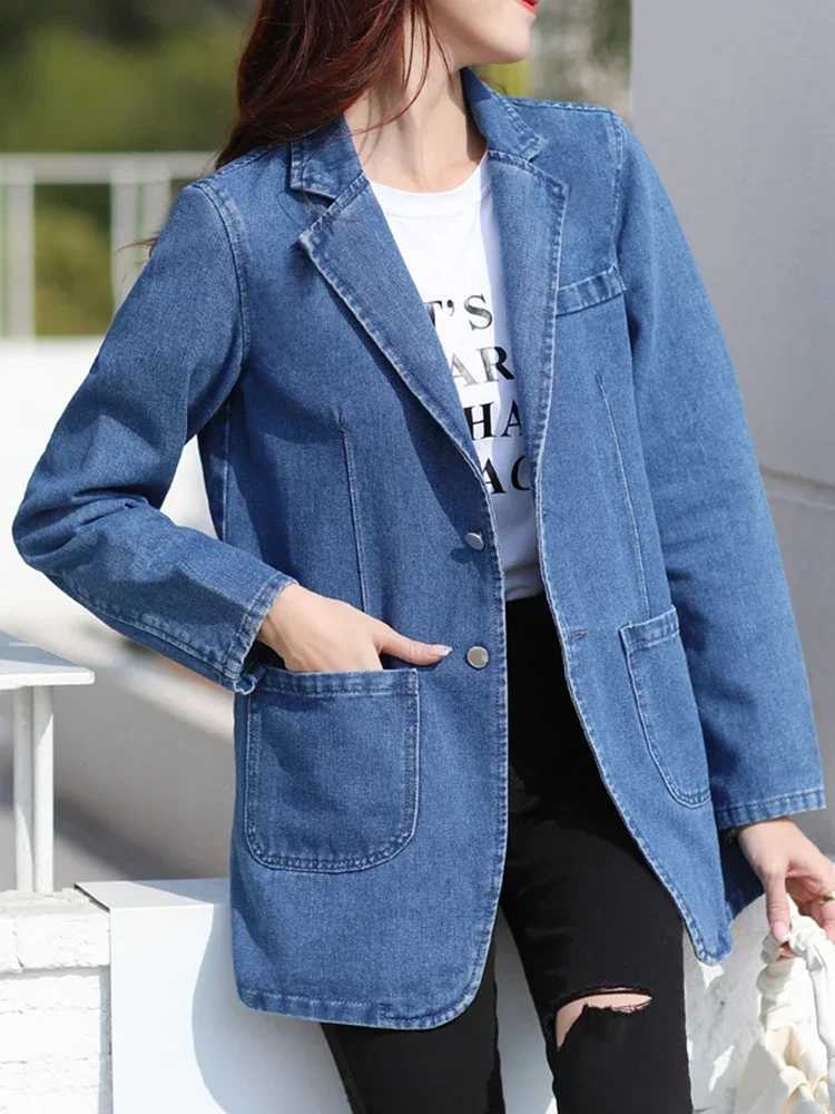 Fashion Denim Jacket Lapel Single Breasted Denim Jacket Lady Vintage Casual Pockets Solid Color Jean Blazer Spring Autumn WomenX240920