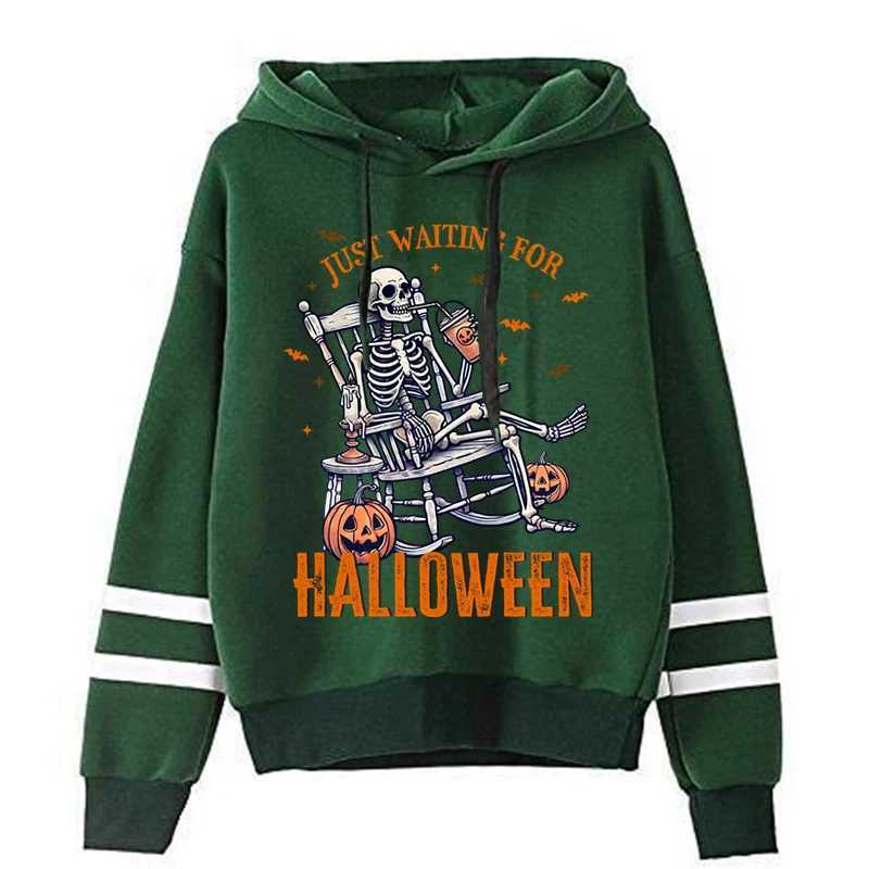 Hip Hop Skull Pumpkin Bat Print Hoodies Women Fashion Long Sleeve Streetwear Just Waiting for Halloween Fleece Casual Hooded Y240920