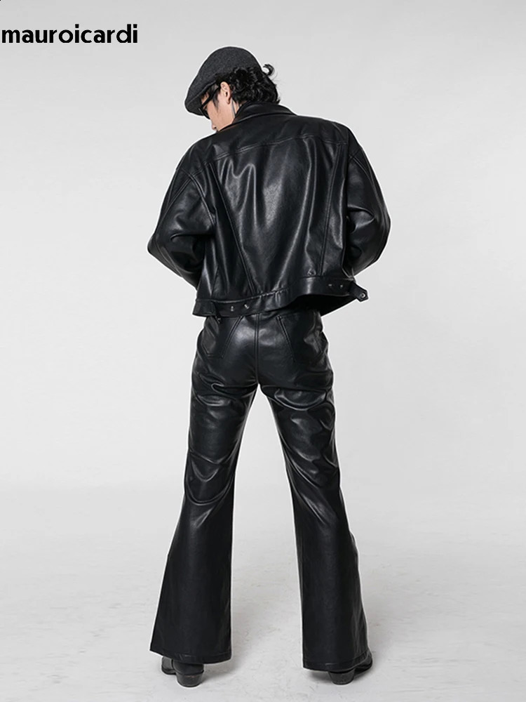 Mauroicardi Spring Autumn Cool Long Black Soft Pu Leather Flare Pants Mens High Waist American Retro Hippie Clothing 20023 240913
