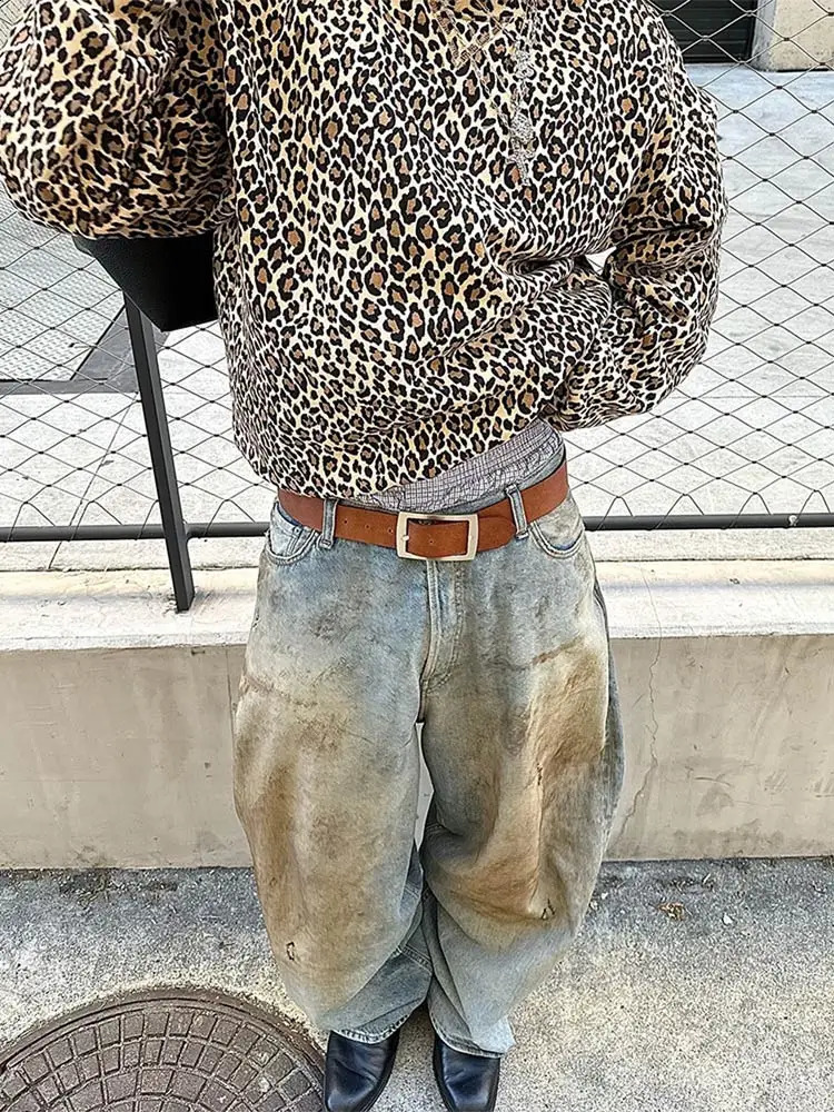 Retro leopard print wool sweatshirt autumn brown mens round neck pull up loose long sleeved shirt 240911