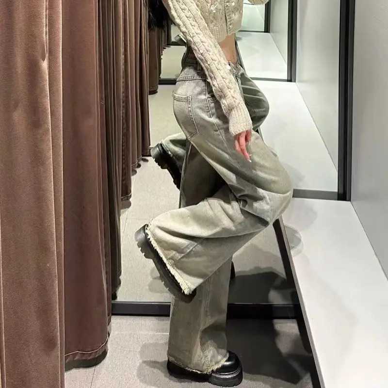 2026 Petite American Style Vintage Distressed Straight leg Jeans High waisted Slimming Wide leg Loose fit Pants For Women