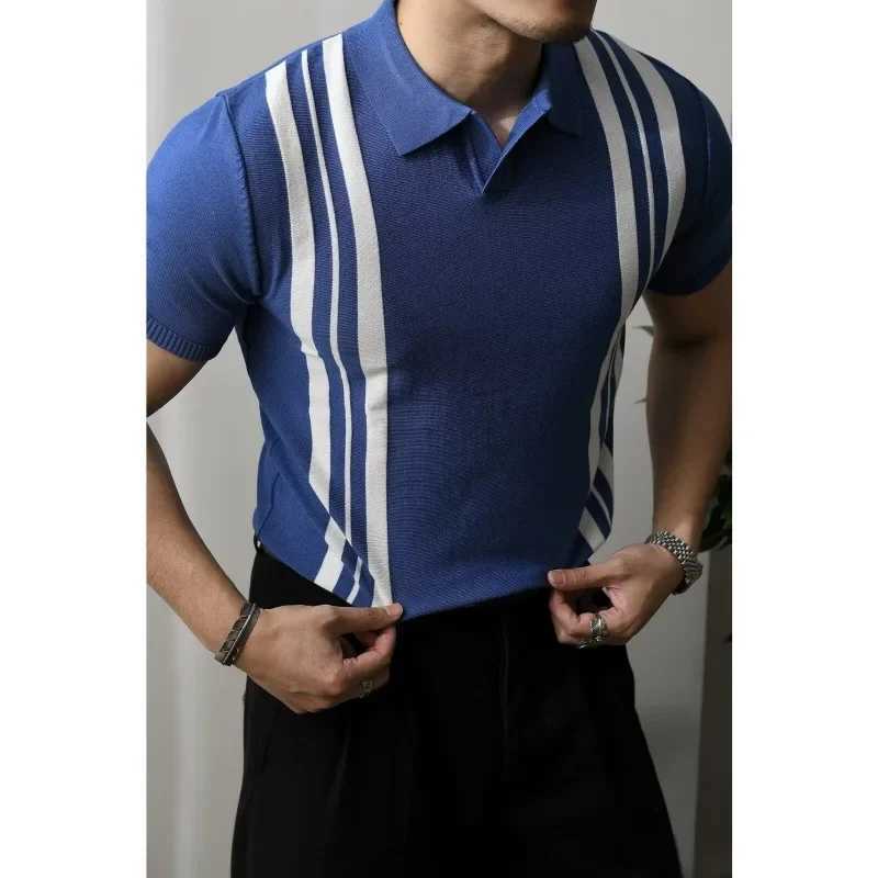 Mens Summer Polo Shirt American Style Vintage Casual T-shirt Knit Striped Color Block Short Sleeves Lifestyle ClothingX240920