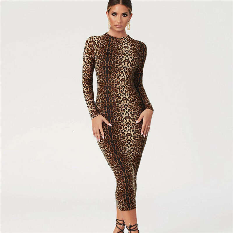 Hallowmas 2024 Autumn/Winter New Womens Fashion Leopard Print Long Sleeve Sexy Slimming Dress