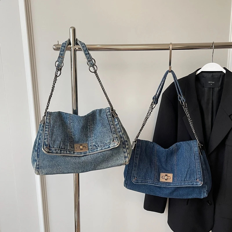 Casual large capacity retro denim womens chain shoulder bag cross body ner y handbag bolsos de mujer 240919
