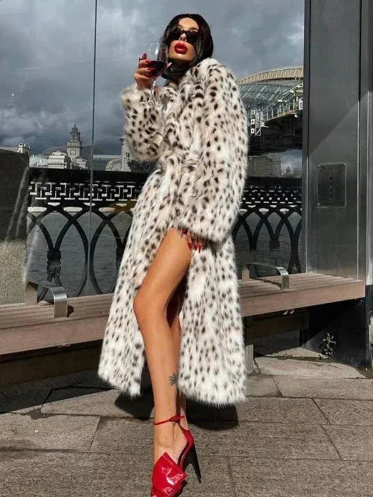Retro leopard print faux fur long coat for womens winter warmth thick open style long skirt for womens casual loose elegant and chic street jacket 240