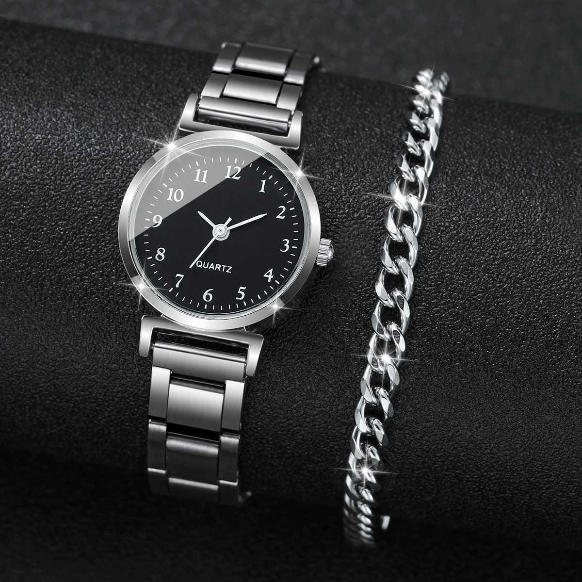 2PC/Set Womens Silver Steel Band Watch Small Head Stainless Steel Quartz Watch With Bracelet SetX240920