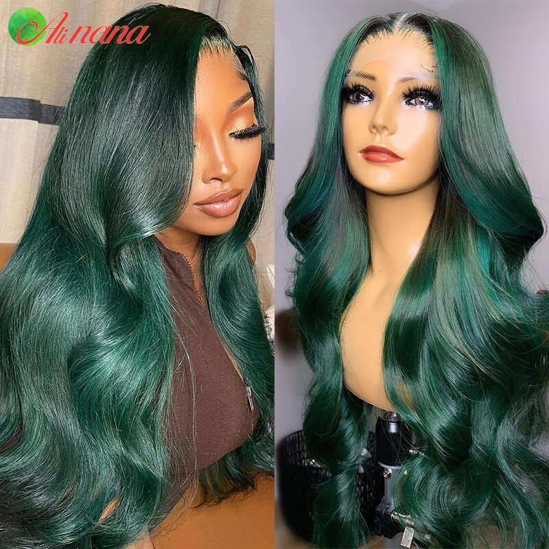 Olive Green Color Body Wave Transparent Brazilian Human Hair Pre-Plucked 13x4 Lace Frontal Wig Remy Highlights Wigs