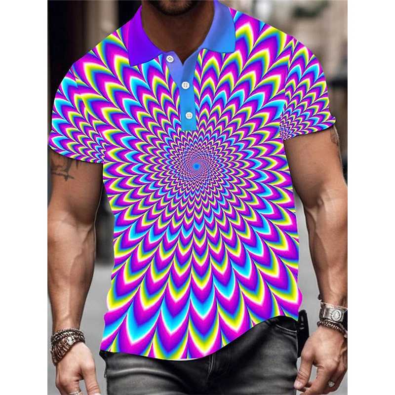 Mens Lapel Polo Shirt Full Print Optical Illusion Graphic Button Up Golf Shirt For Men Short Sleeves Plus Size Turndown TshirtX240920