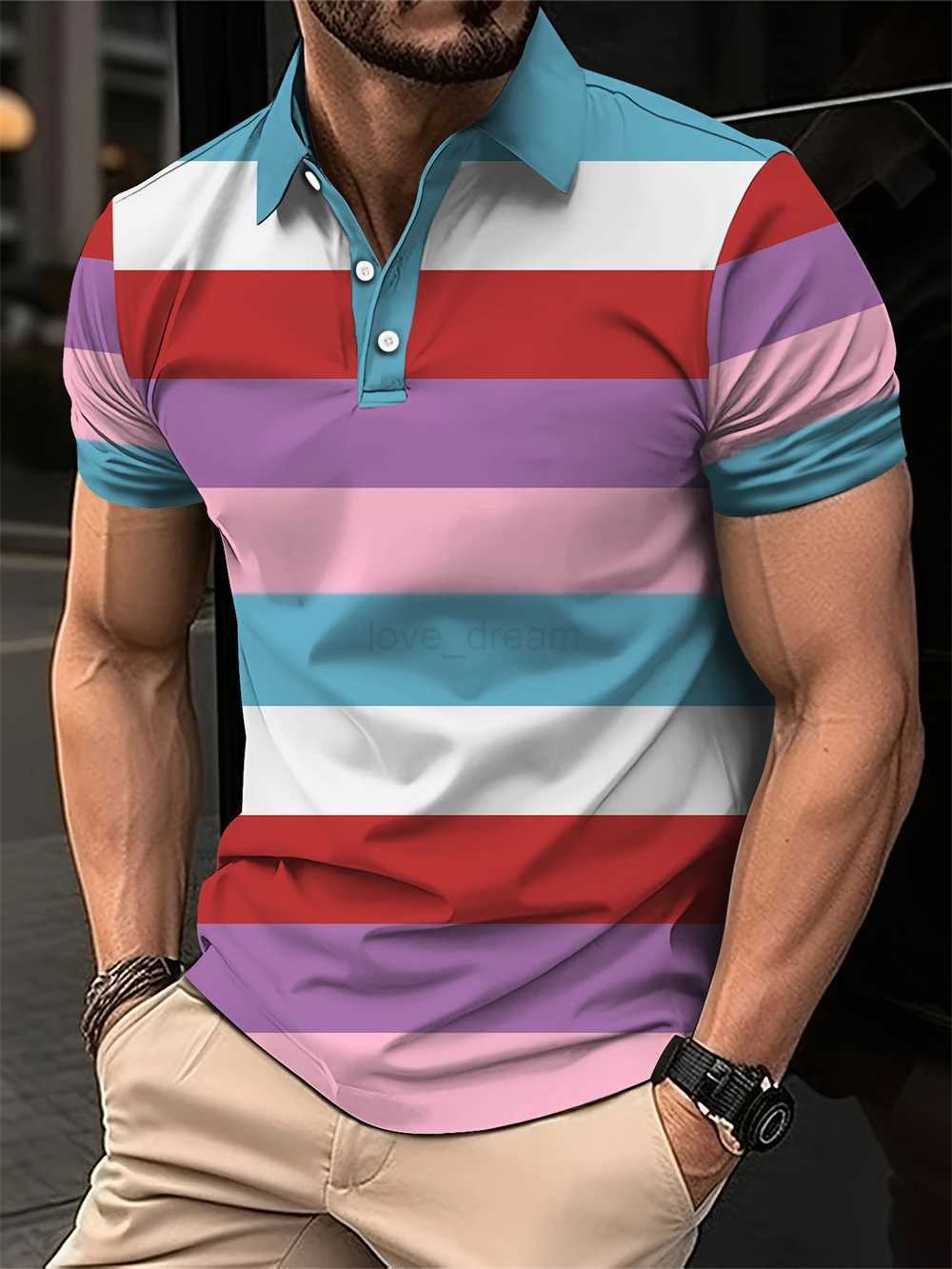 New Summer Mens Short Polo Lapel 3D Digital Printed Fashion Splice Striped Polo Shirts Mens Business Casual Tops Man ClothingXJ240920