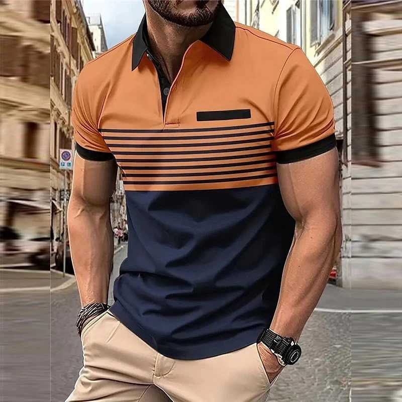 Business Mens Polo T Shirt Summer Short Sleeve Clothing Fashion Stripe Print Street Casual Buttons Tops Oversized PulloverX240920