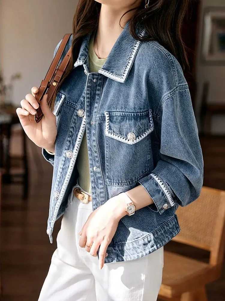 Women Vintage Lapel Loose Denim Jackets Korean Fashion Long Sleeve Jean Coats Spring Fall Casual Single Breasted Abrigos TopsX240920