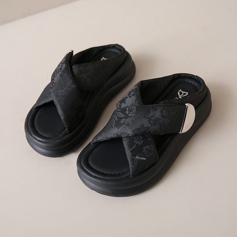 China-Chic herringbone 2024 new one word color block thick sandals fashionable flat soled women's slippers