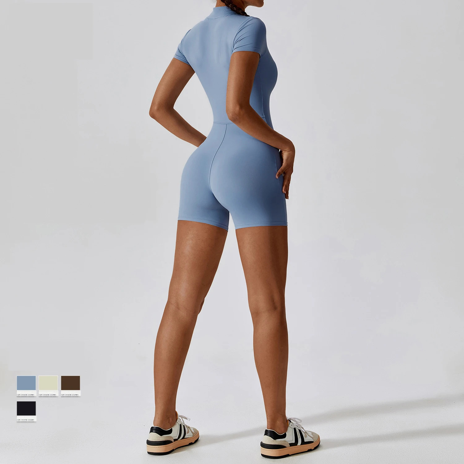 Fashion Zipper Dance Yoga Jumpsuit Playsuit Women Romper Short Sleeve Gym Fiess Overalls One Piece Sports Suit Unitard