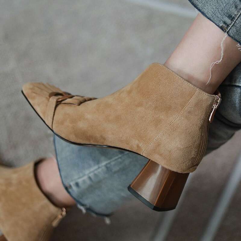 New Autumn/Winter Women Sheep Suade Toe Square Heel Mid-Heel Ankle Boots Fringed Zipper Fashion Office Lady Shoes 4