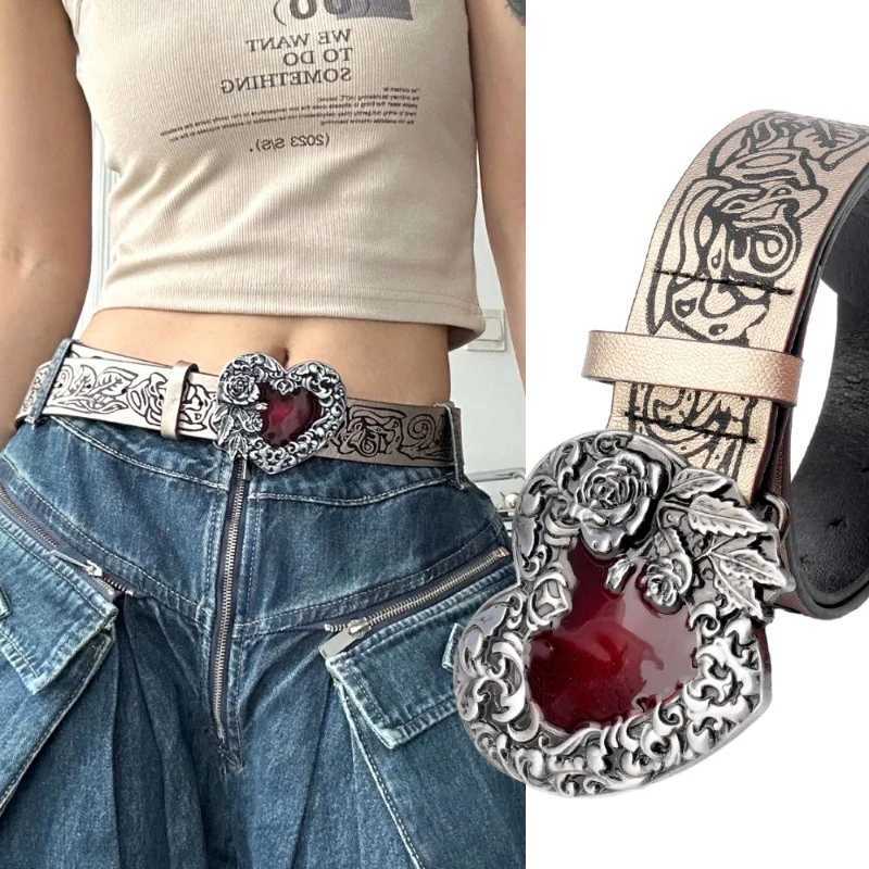 Gothic Punk Leather Y2k Belt For Women Metal Red Peach Heart Flower Buckle Waist Strap Jeans Decorative Waistband Accessories W250120
