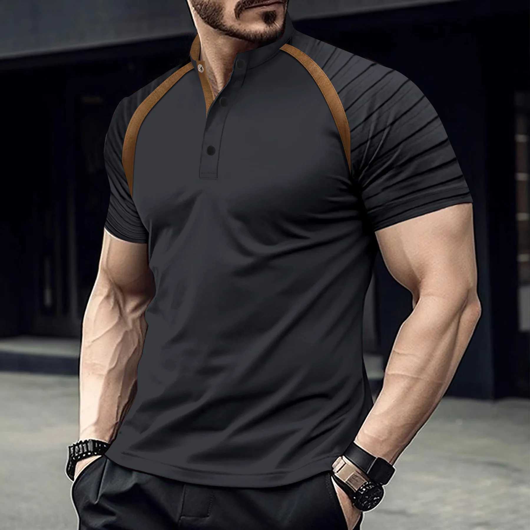 Mens Casual Summer POLO Shirt Stand Collar Spliced Retro Arm Stripes High Quality Comfortable Mens Loose Sports POLO ShirtX240920