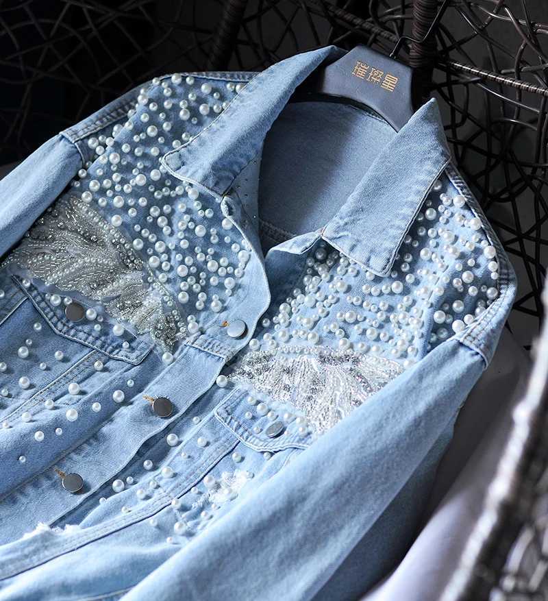 Spring Women Pearls Beaded Denim Coat Lace Floral Embroidered Jeans Jacket Short Cowboy Cardigan Streetwear Tops Jaqueta 2023X240920
