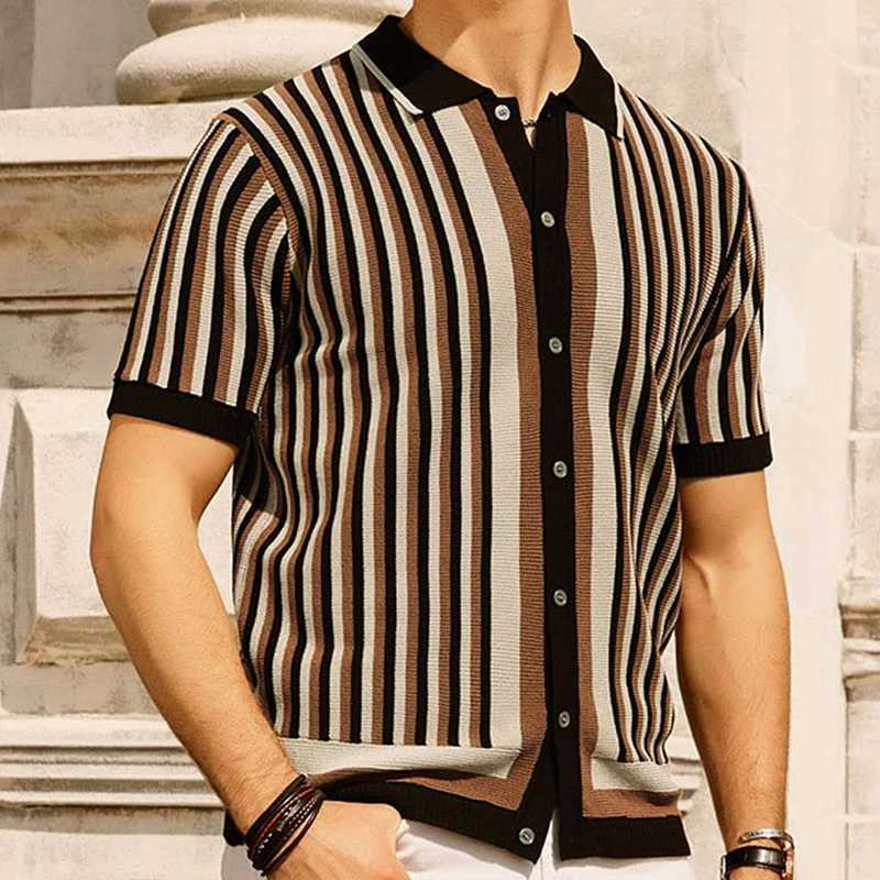 Summer Mens Light Luxury Button-down Leisure Knit Polo Shirt Popular Retro Short Sleeve Streetwear Fashion Patchwork KnitwearX240920