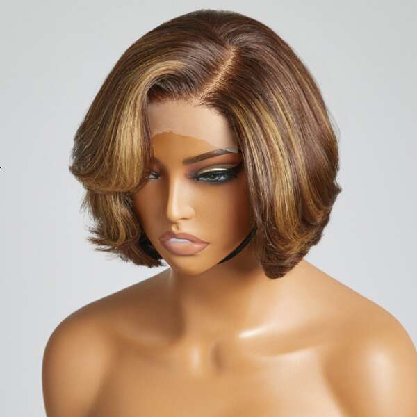 Highlight 4/27 Ombre Body Cheap Short Bob Brown Mix Blonde C Part Water Wave Lace Closure Wig 100% Human Hair For Women