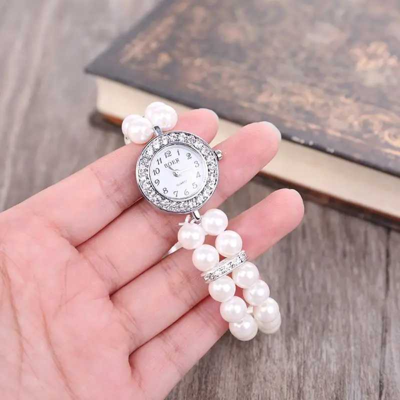 Women Watch Simulated Pearl Rhinestone Luxury Fashion Elegant Wrist Band Bracelet Jewelry Gifts Lady Elastic Universal CharmsX240920
