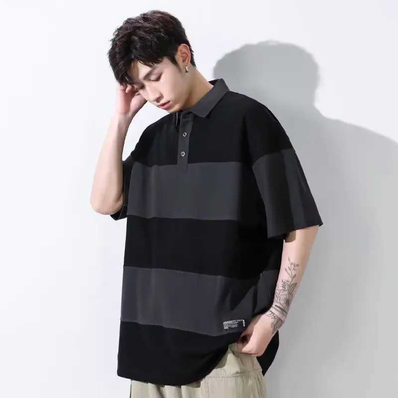 Paul Charcoal Grey Striped Polo Shirt Mens Lapel Elegant Simple Short Sleeves Vintage Color Blocking Half Sleeve Sport TopX240920