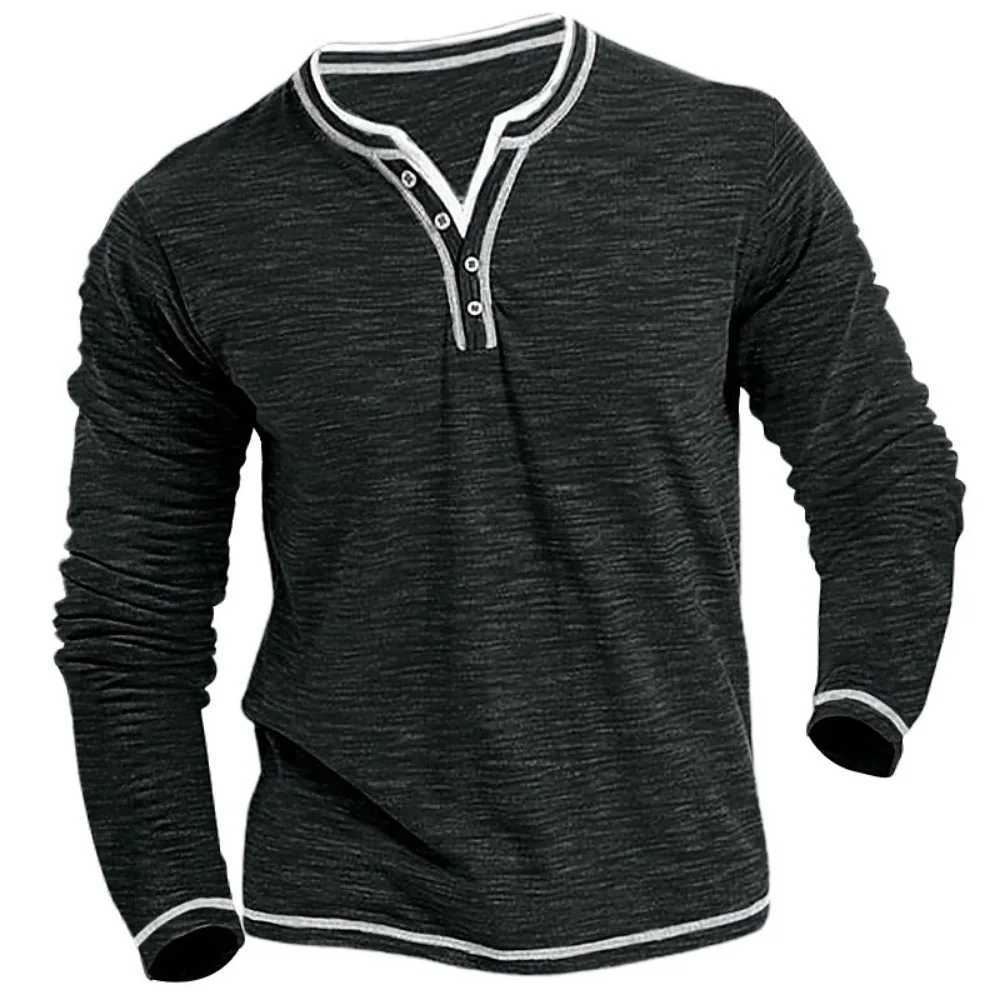 New Cotton Small V-neck T-shirts Mens Casual T-shirt Fall Winter Long-sleeved Comfortable Soft Stretch Henley ShirtX240919