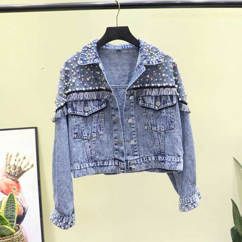 Fashion Multicolor Diamonds Beading Denim Jacket Women Spring Loose Short Black Blue Outerwear Big Pocket Jeans Jackets FemaleX240920