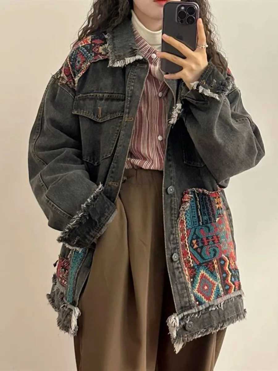 Vintage Boho Embroidery Denim Jacket Spring Autumn 2024 Long Sleeve Casual Loose Trend Folk-custom Stitching Raw Edge Jeans CoatX240920