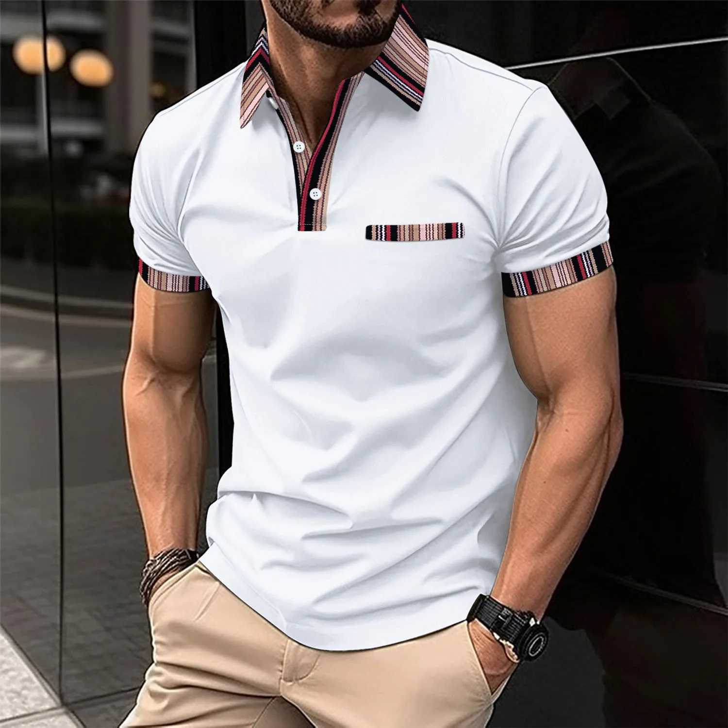 Mens casual POLO shirt chest fake pocket striped color matching buttons mens T-shirt breathable topX240920