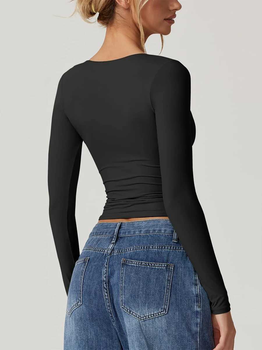 Women s Solid Color T-Shirts Long Sleeves Fit Sweetheart Neck Fall Casual Tops M240920