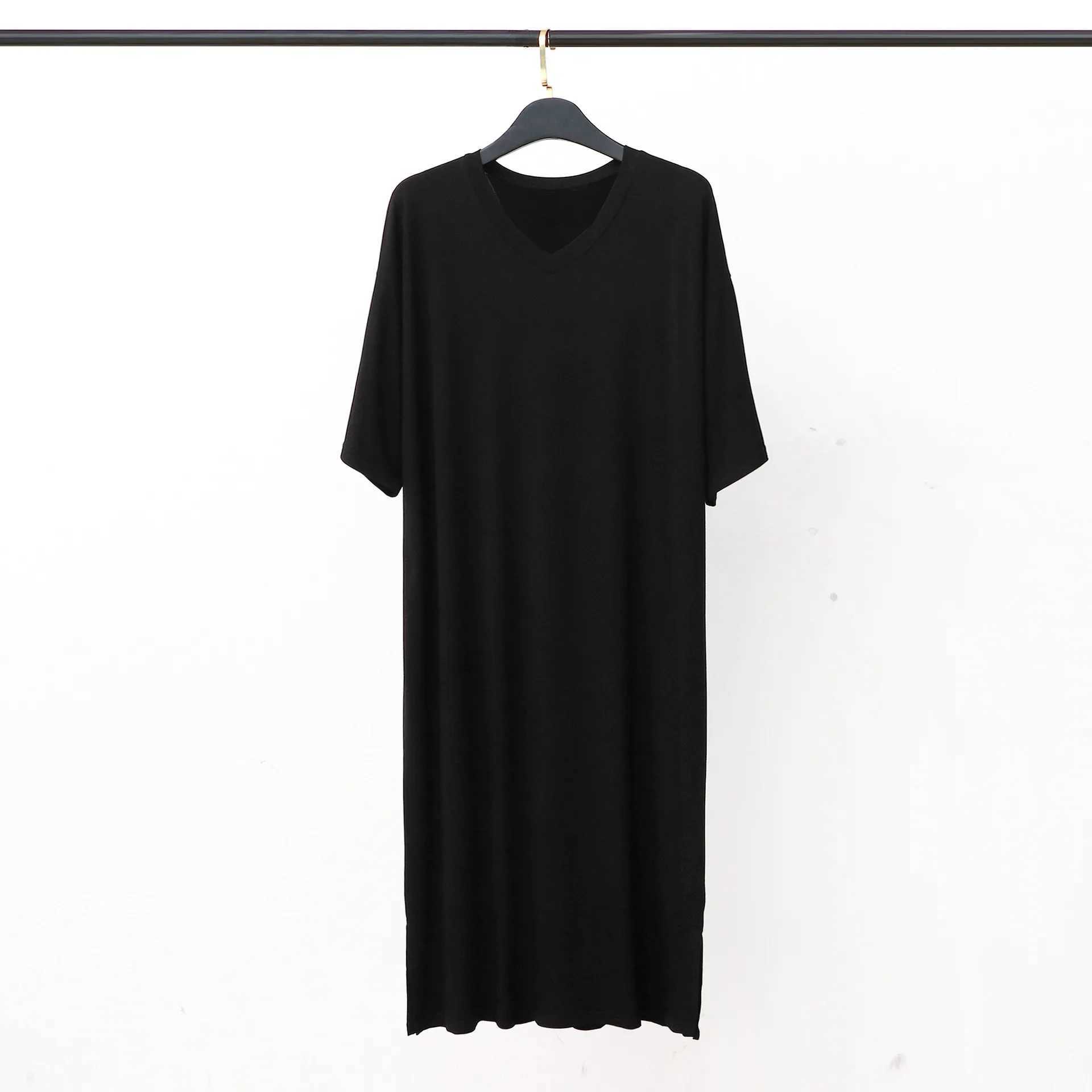 Modal Pajamas Home Clothes Mens Short-sleeved V-neck Mid-length One-piece Nightgown Loose Large Size Mens Cotton Bathrobe Y240919
