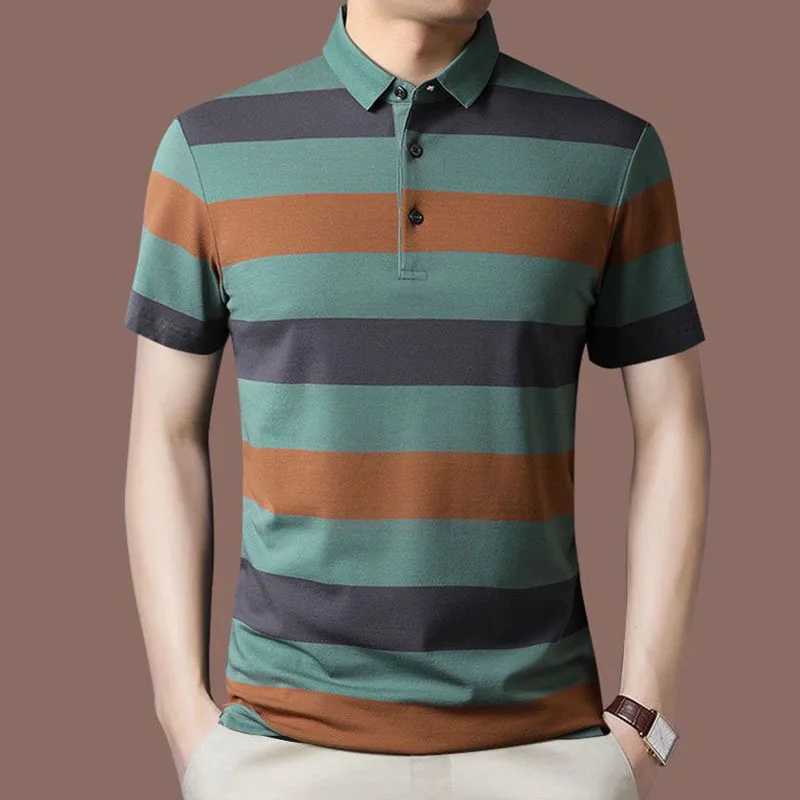 Fashion Men Summer New Striped Polo Shirts Short Sleeve Button Knit Lapel Pullover Business Casual Mens Loose Clothing Top 2022X240920