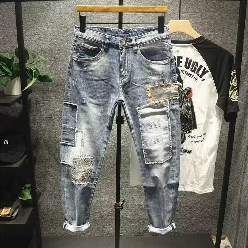 Fashionable mens jeans retro blue elastic slim fit patchwork torn jeans mens decal pocket hip-hop pants Y2K trousers X2410261
