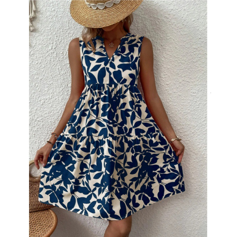 2024 Women's Summer Elegant Sleeveless V-Neck Pleated E Boho Print Mini Dress Casual Loose Oversized Beach Sundress