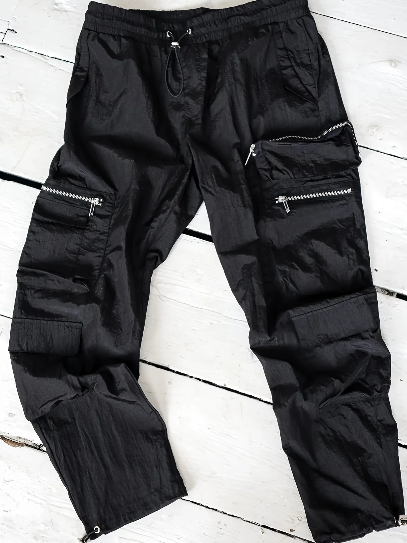 Mens Lightweight SlimFit Pleated WaterlessWash Fabric Asymmetric Pocket n Cargo Pants With Cuff Black Light Grey 240910