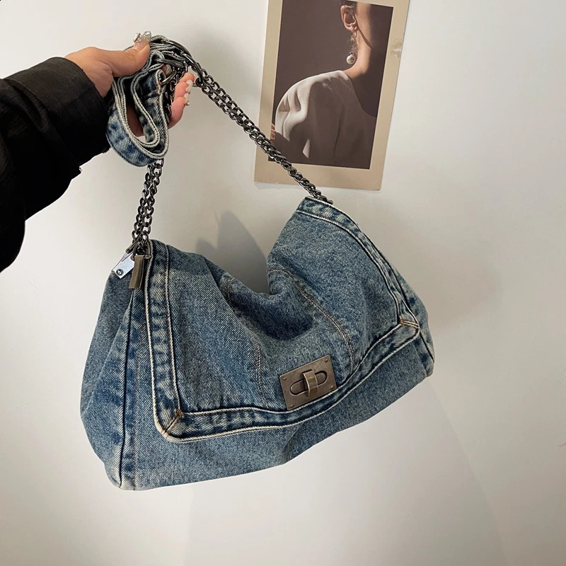 Casual large capacity retro denim womens chain shoulder bag cross body ner y handbag bolsos de mujer 240919