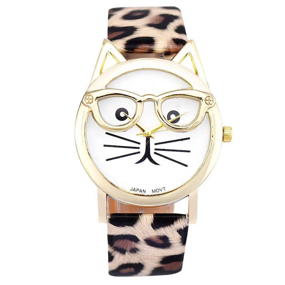 Fashion Leopard Print Watches Women Cute Glasses Cat Watches Ladies Faux Leather Band Quartz Wristwatches Best Gift Montre FemmeX240920
