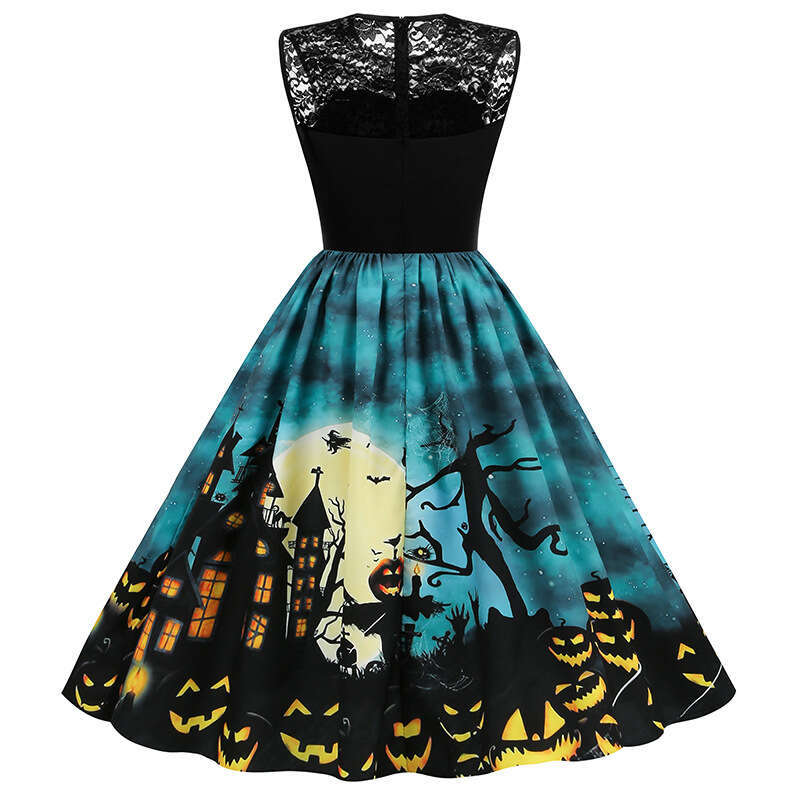 Hallowmas Halloween lace patchwork waist cinching big swing womens dress 8055
